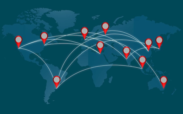 青のマーカーが付いた世界地図