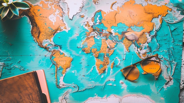 Photo a world map with a pair of sunglasses and a book on it the map is in muted colors and has a vintage feel