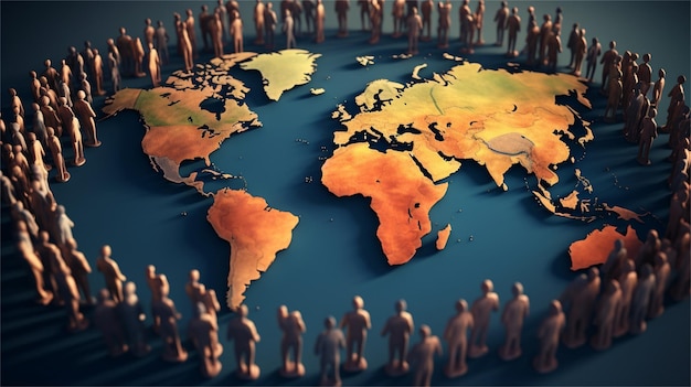 A world map with people standing around it and a large group of people around it.