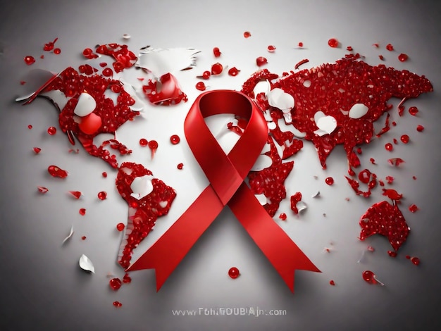 a world map with a red ribbon and a world map