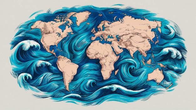 Photo a world map with the water flowing over it