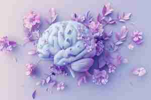 Photo world mental health awareness day human brain leaves and flowers illustration