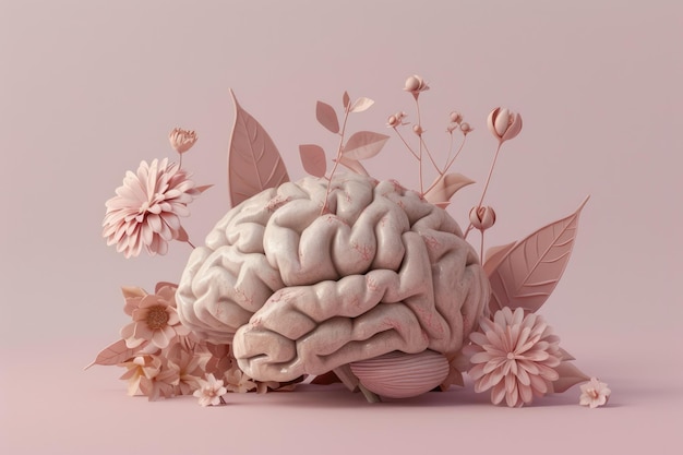 Photo world mental health awareness day human brain leaves and flowers illustration