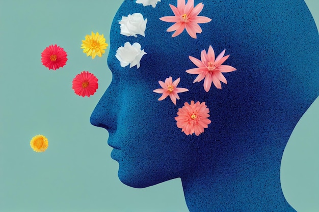 世界メンタルヘルスデーのコンセプト紙の人間の頭のシンボルと青の背景に花メンタルヘルスアセスメント世界メンタルヘルスデーはポジティブなコンセプトだと思う