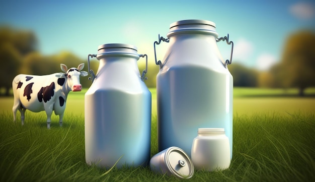 World Milk Day A cow milk bottle and a cow on a field Generative Ai