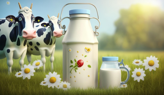 World Milk Day A cow milk bottle and a cow on a field Generative Ai