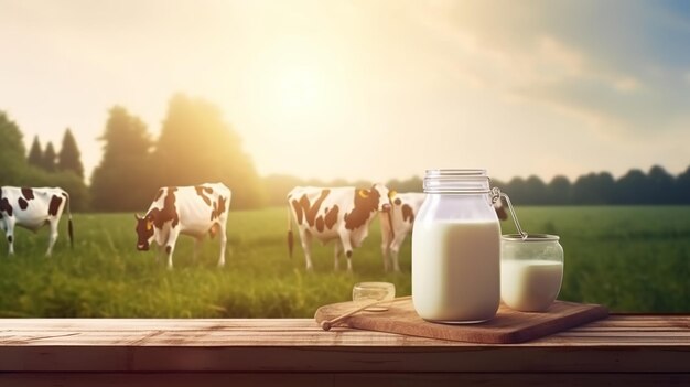 World Milk Day Milk bottle or Jar on wooden table Generative Ai