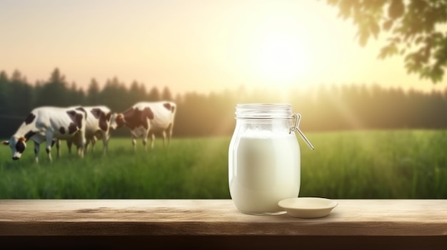 세계 우유의 날 우유 병 또는 나무 테이블에 있는 항아리 Generative Ai
