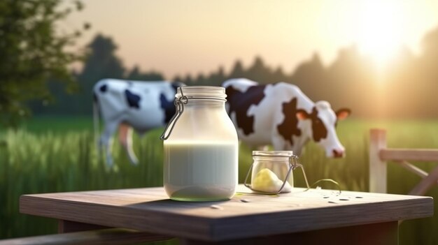 World Milk Day Milk bottle or Jar on wooden table Generative Ai