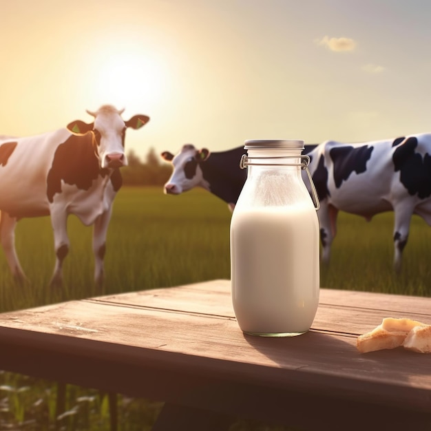 Всемирный день молока Молочная бутылка или банка на деревянном столе Generative Ai