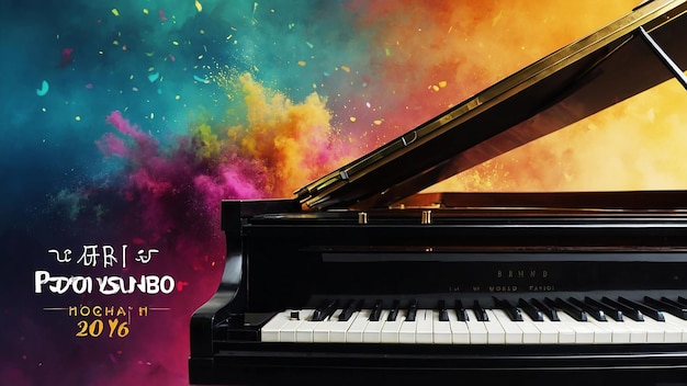 世界音楽デーのバナー グランドピアノと抽象的なカラフルな塵の背景 音楽デーのイベントとミュー