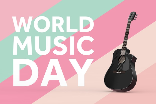 World music day concept black wooden acoustic guitar and world\
music day sign on a multicolored background 3d rendering