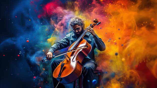 Photo for world music day a male cellist performs on a background of colorful dust clouds generative ai