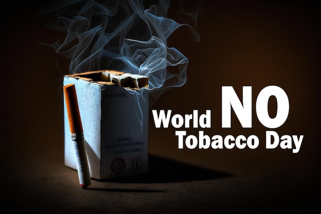 World No Tobacco Day banner design Cigarettes and ashtray on a dark gloomy background