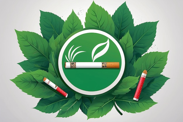사진 세계 담배 금지 날 터 이미지: 빨간색 금지 표지판으로 둘러싸인 녹색 담배 잎과 담배의 그림