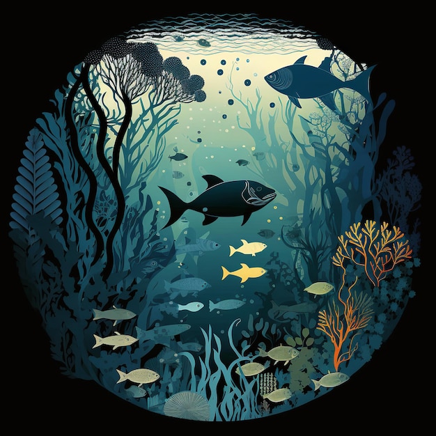 世界海洋デー 水中海の世界の動物たち カラフルな魚たち ジェネレーティブ・アイ
