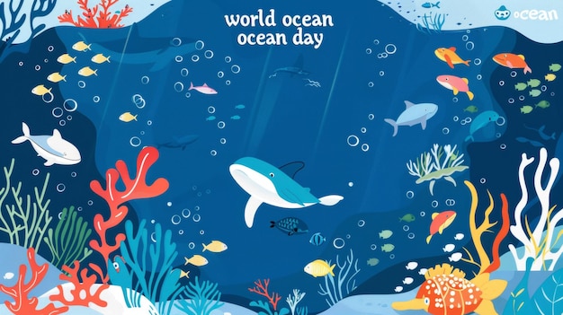 Photo world ocean day greeting card background with flat style