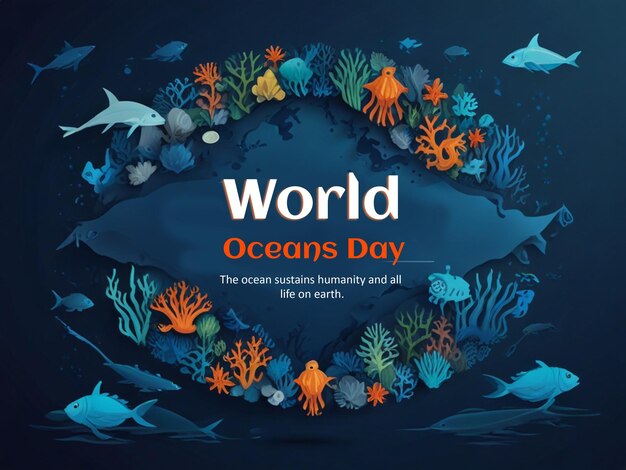 Photo world ocean day poster in blue paper style