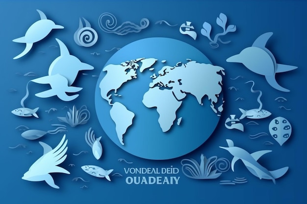 World ocean day poster in blue paper style