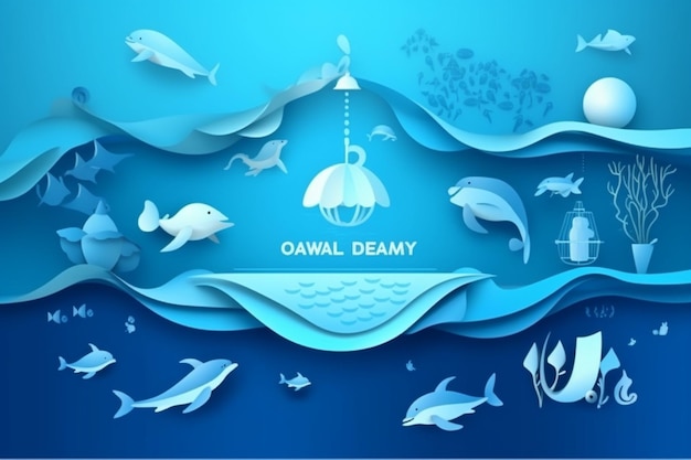 World ocean day poster in blue paper style