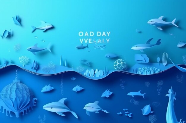 Photo world ocean day poster in blue paper style