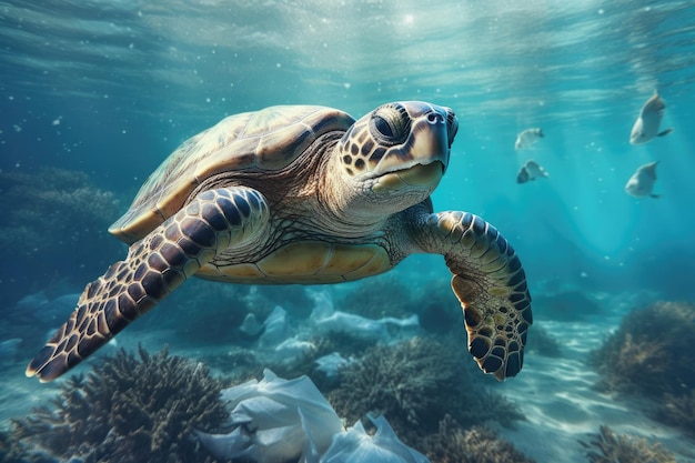 World ocean pollution Turtle and plastic bags underwater Generative AI