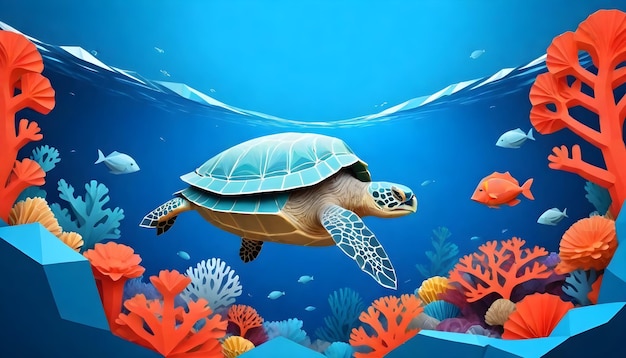 Фото Всемирный день океанов черепаха плавает в аквариуме с кораллами и кораллами