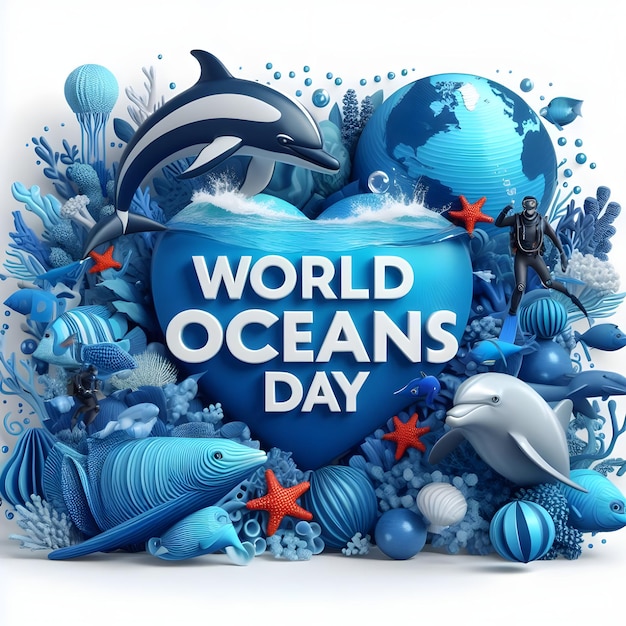 Photo world oceans day paper art style social media post design with underwater ocean dolphin shark coral