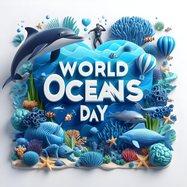 Photo world oceans day paper art style social media post design with underwater ocean dolphin shark coral