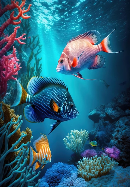 Всемирный день океанов Подводный океан, дельфин, акула, коралл, морские растения, скат и черепаха AI Gen