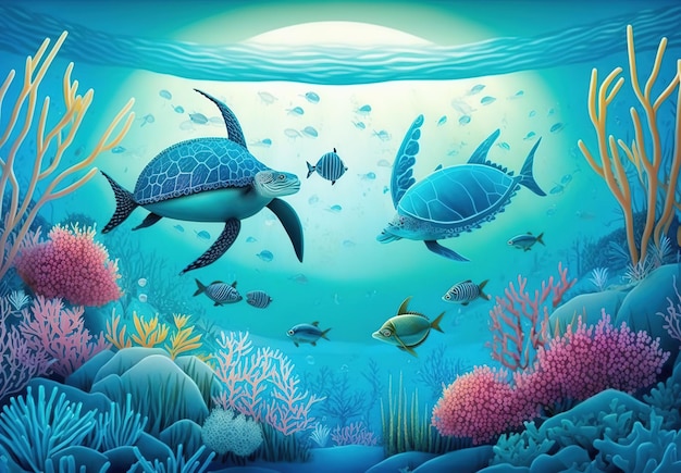 World Oceans Day Underwater ocean dolphin shark coral sea plants stingray and turtle AI Gen