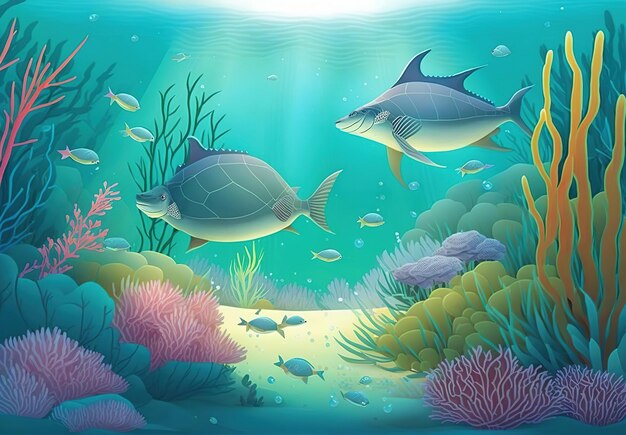 世界海洋デー 水中の海 イルカ サメ サンゴ 海の植物 アカエイとカメ AI Gen