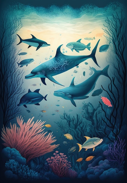 World Oceans Day Underwater ocean dolphin shark coral sea plants stingray and turtle AI Gen