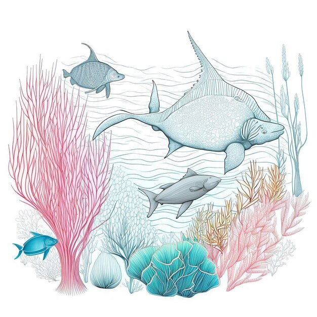 World Oceans Day Underwater ocean dolphin shark coral sea plants stingray and turtle AI Gen