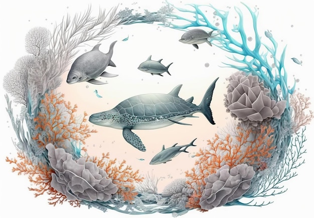 Всемирный день океанов Подводный океан, дельфин, акула, коралл, морские растения, скат и черепаха AI Gen