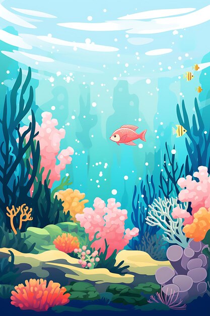 World oceans day underwater scene with coral and fish blue a international day creative poster art