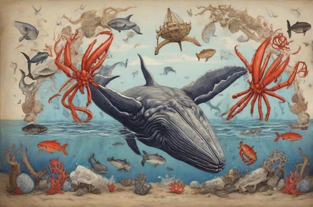 World oceans day with whale and crab