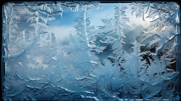 写真 冬の世界 - 窓の窓に細かく刻まれた細かい氷のパターンのクローズアップショット - この凍った傑作は寒い天候における自然の芸術の複雑な美しさを展示します