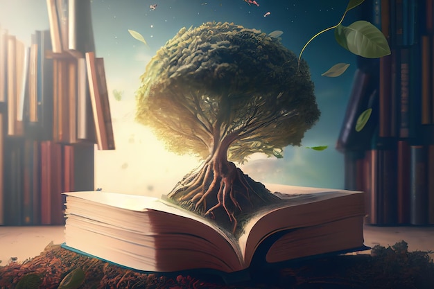Фото Концепция всемирного дня философии с посадкой дерева познания при открытии старой большой книги generative ai