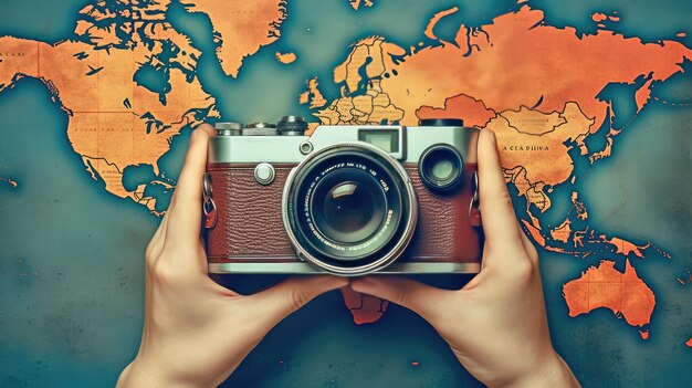 Foto giornata mondiale del fotografo tenete la fotocamera retro in mano su uno sfondo neutro stampa su carta e tessuti generativa ai