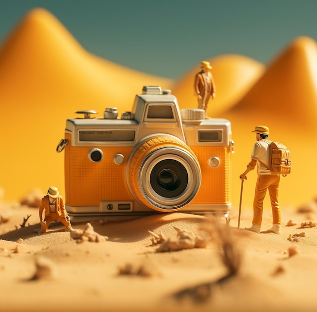 world photography day A camera in desert with cartoon photographers