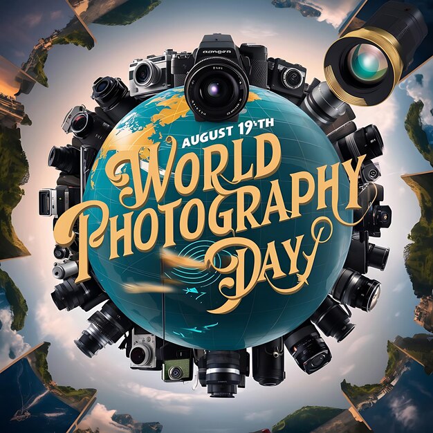 Photo world photography day camera with mountain landscape background