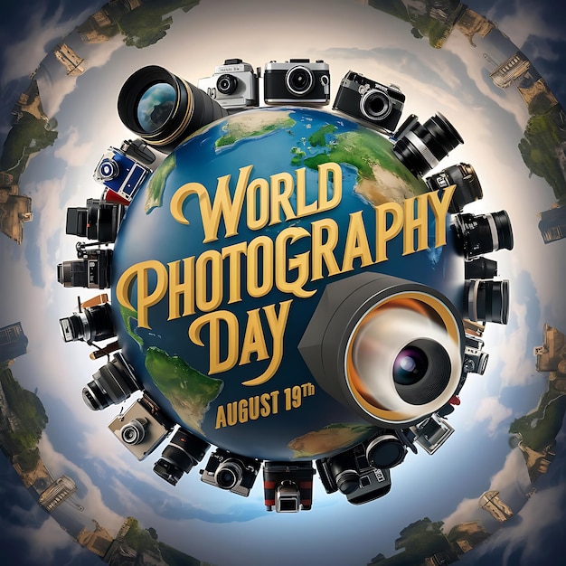 Foto camera per la giornata mondiale della fotografia con lo sfondo di un paesaggio montuoso