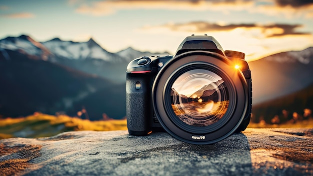 World photography day camera with mountain landscape background