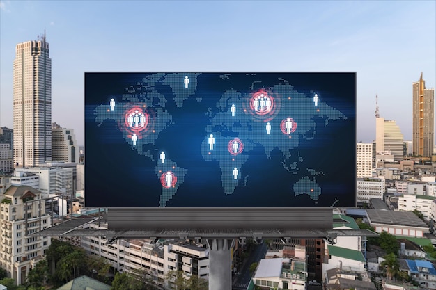 World planet Earth map hologram on billboard over panorama city view of Bangkok The concept of international connections and business in Southeast Asia