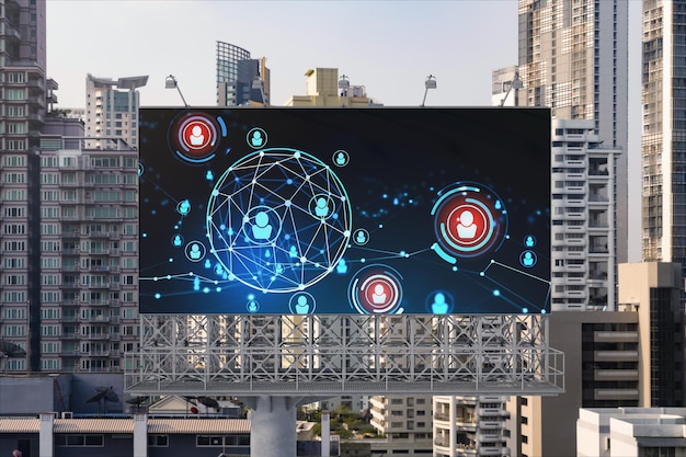 World planet Earth map hologram and social media icons on billboard over panorama city view of Bangkok Southeast Asia The concept of people networking and connections