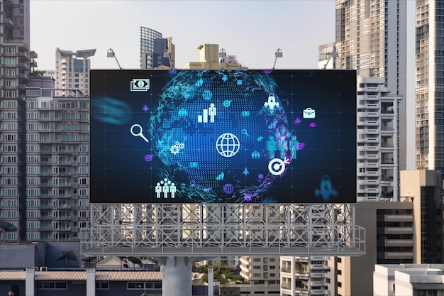 World planet Earth map hologram and social media icons on billboard over panorama city view of Bangkok Southeast Asia The concept of people networking and connections