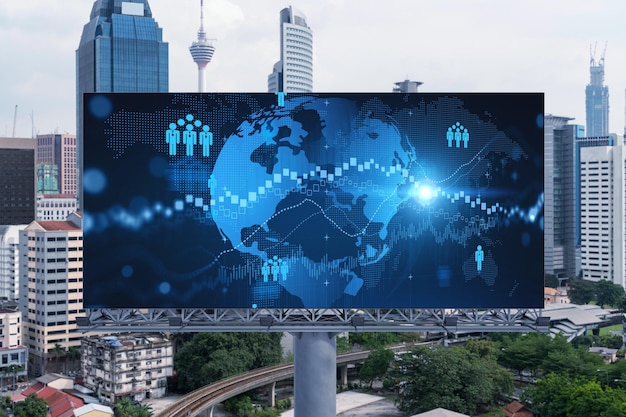 World planet earth map hologram and social media icons on
billboard over panorama city view of kuala lumpur malaysia asia the
concept of people networking and connections