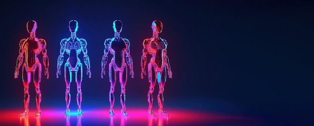 World Population Day Group of chrome robots in neon light dark background AI generated