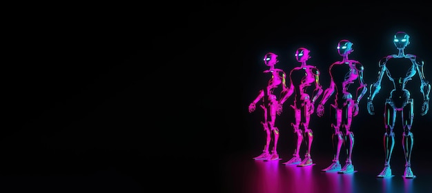 世界人口デー AI が生成したネオンライトの暗い背景にクロム ロボットのグループ